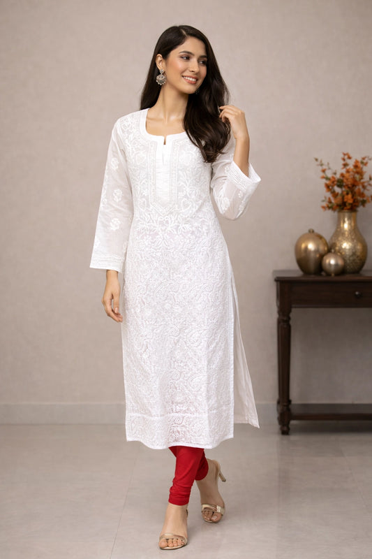 Lucknow Fashion Diary Hand Embroidered Lucknowi Chikankari Women's White Cotton Kurti
