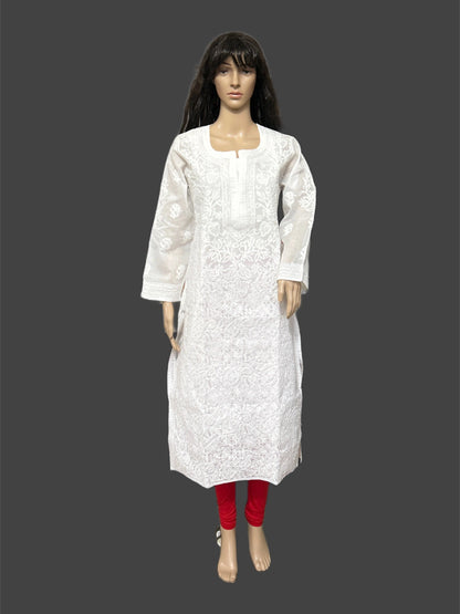 White embroidered kurta on a mannequin against a gray background