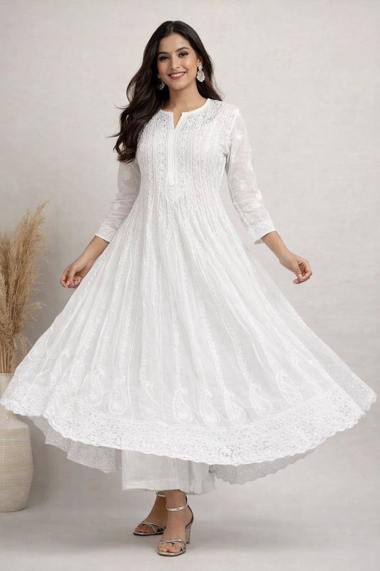 Lucknow Fashion Diary Hand Embroidered Lucknowi Chikankari Women's White Georgette Anarkali 