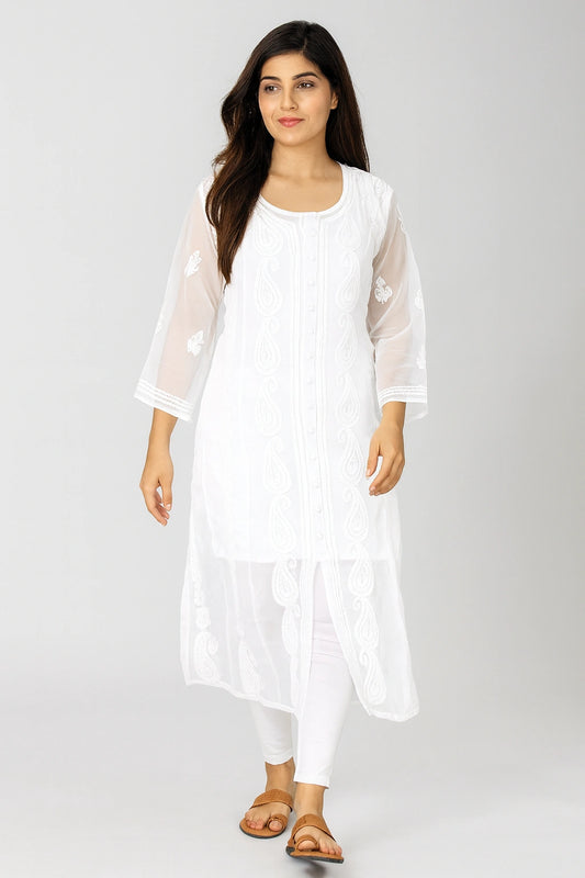 Lucknow Fashion Diary Hand Embroidered Lucknowi Chikankari Women's White Georgette Anarkali