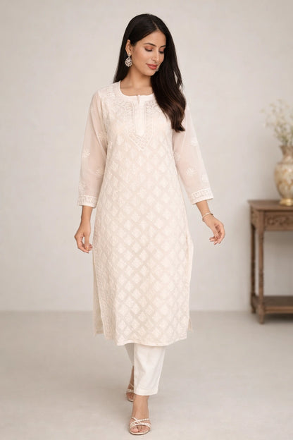 Lucknow Fashion Diary Hand Embroidered Lucknowi Chikankari Women's white Georgette Kurti