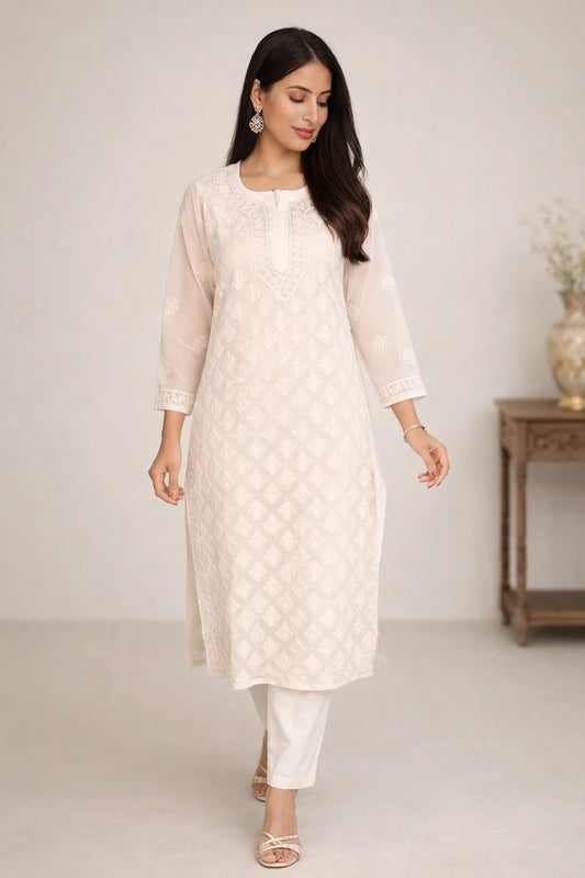 Lucknow Fashion Diary Hand Embroidered Lucknowi Chikankari Women's white Georgette Kurti