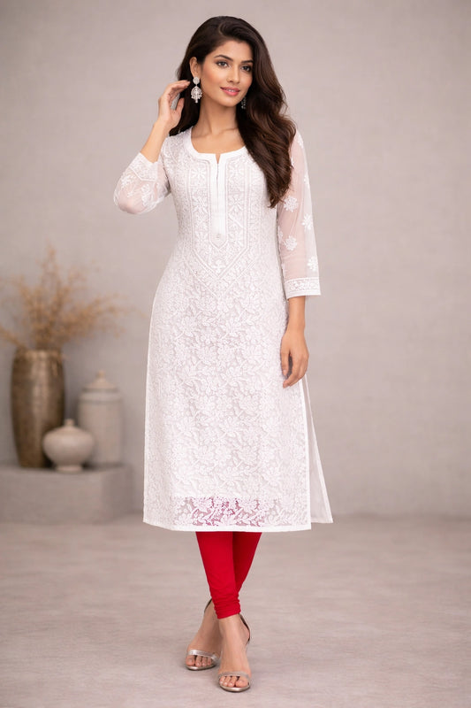 Lucknow Fashion Diary Hand Embroidered Lucknowi Chikankari Women's White Georgette Kurti 