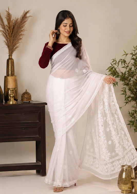 Lucknow Fashion Diary Hand Embroidered Lucknowi Chikankari Women's White Georgette Saree With Blouse