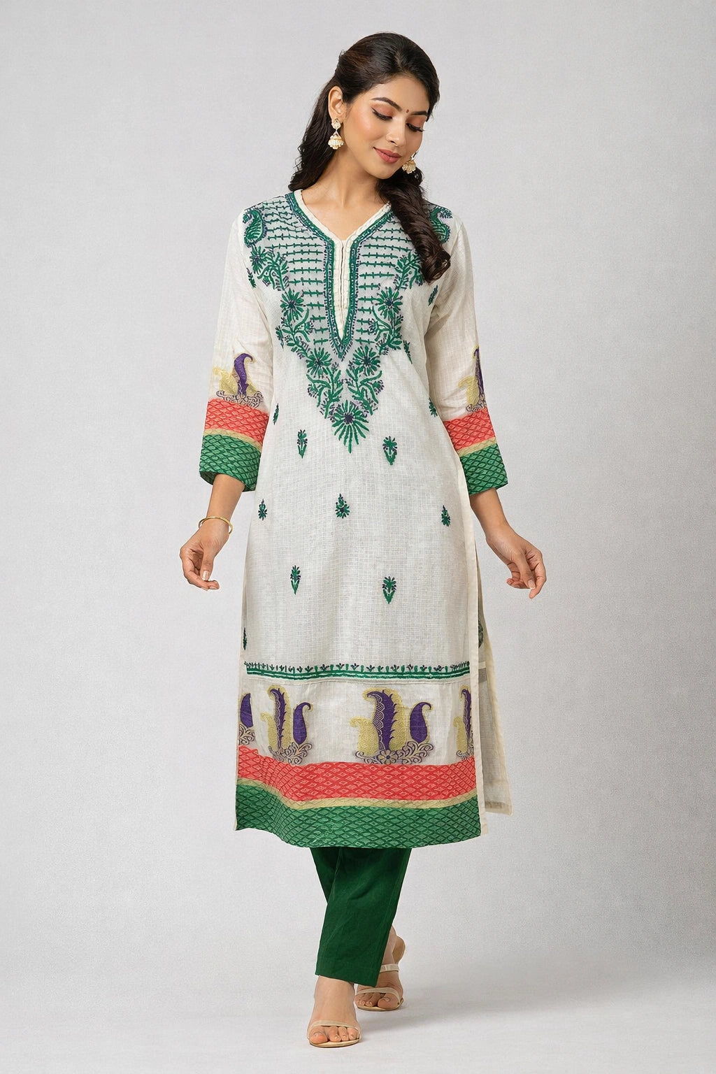 Lucknow Fashion Diary Hand Embroidered Lucknowi Chikankari Women's White Kota Kurti