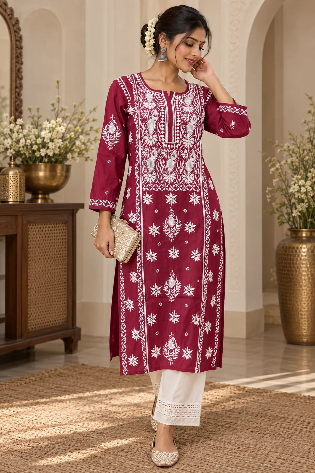 Lucknow Fashion Diary Hand Embroidered Lucknowi Chikankari Women's Wine crape Kurti 