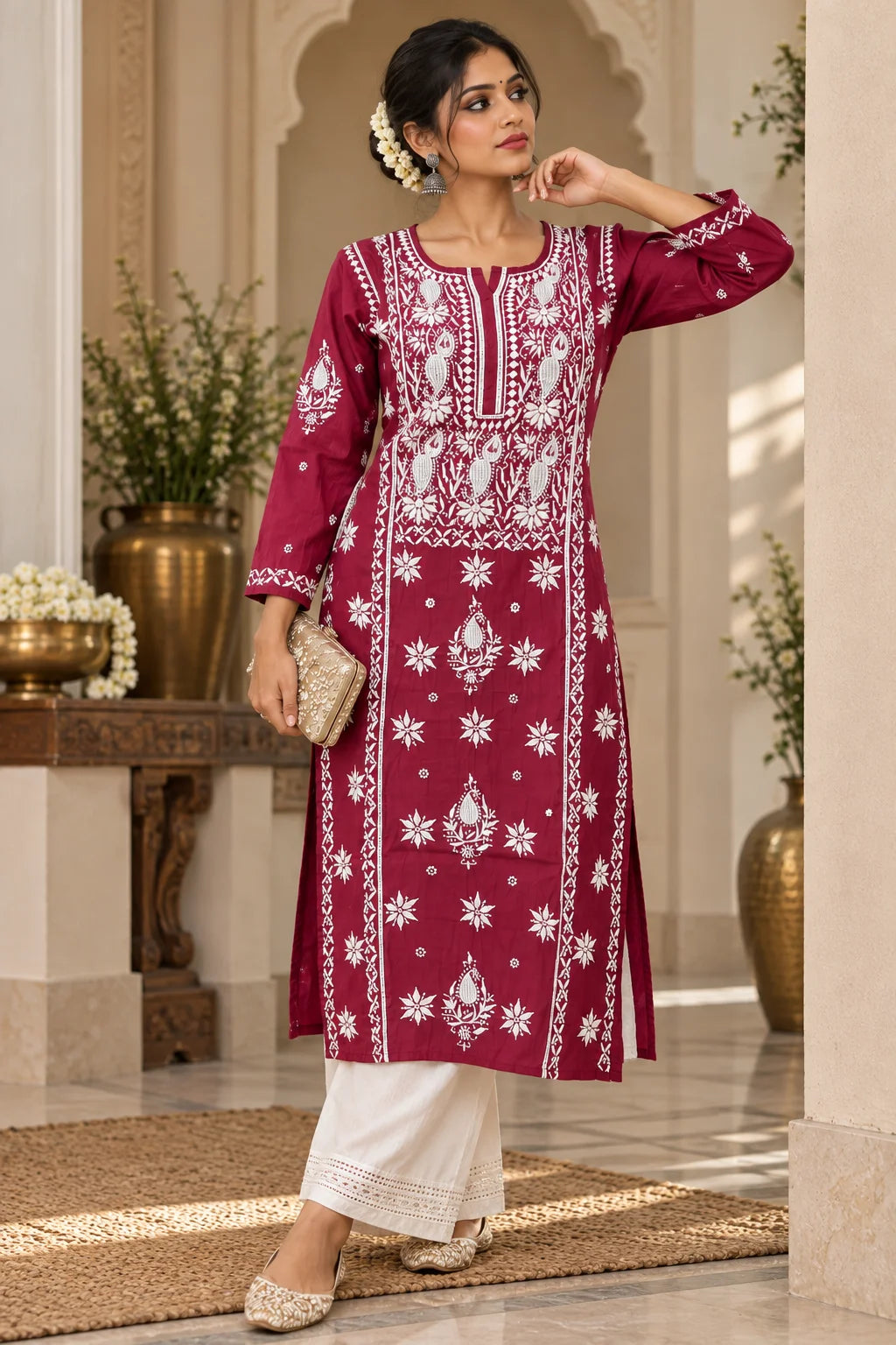 A woman models a wine kurta with intricate white embroidery, paired with white cropped pants, in an outdoor courtyard setting decorated with flowers and wooden furniture.