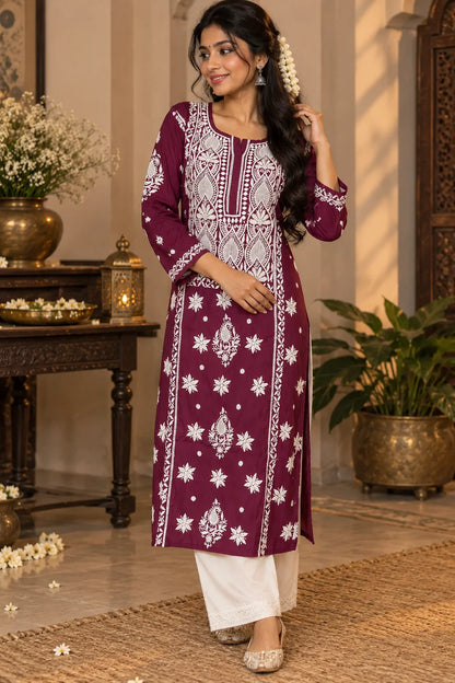 Lucknow Fashion Diary Hand Embroidered Lucknowi Chikankari Women's Wine crape Kurti 