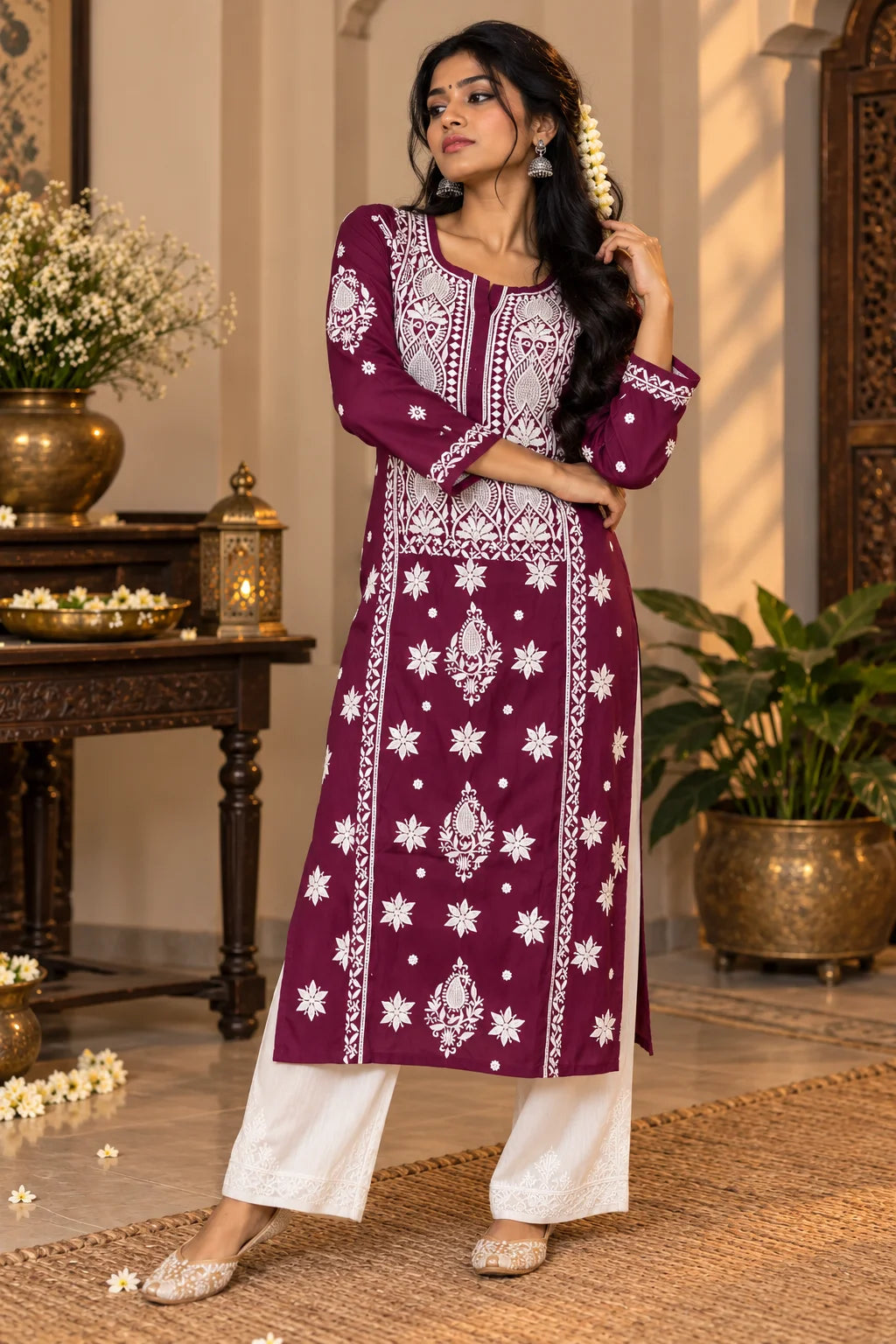 A woman models a wine kurta with intricate white embroidery, paired with white cropped pants, in an outdoor courtyard setting decorated with flowers and wooden furniture.
