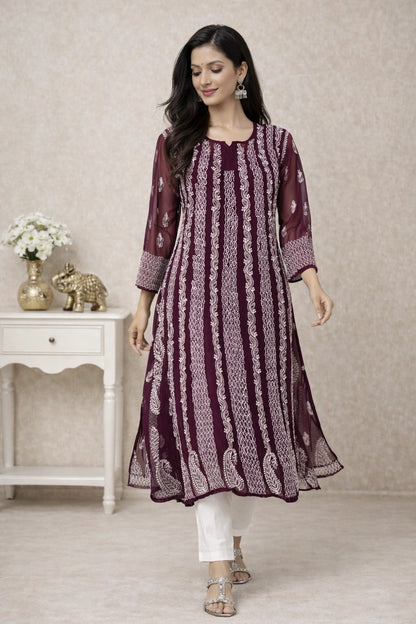 Lucknow Fashion Diary Hand Embroidered Lucknowi Chikankari Women's Wine Georgette anarkali