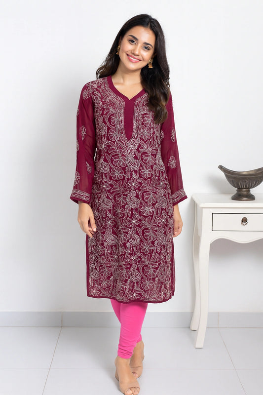 Lucknow Fashion Diary Hand Embroidered Lucknowi Chikankari Women's Wine Georgette Kurti