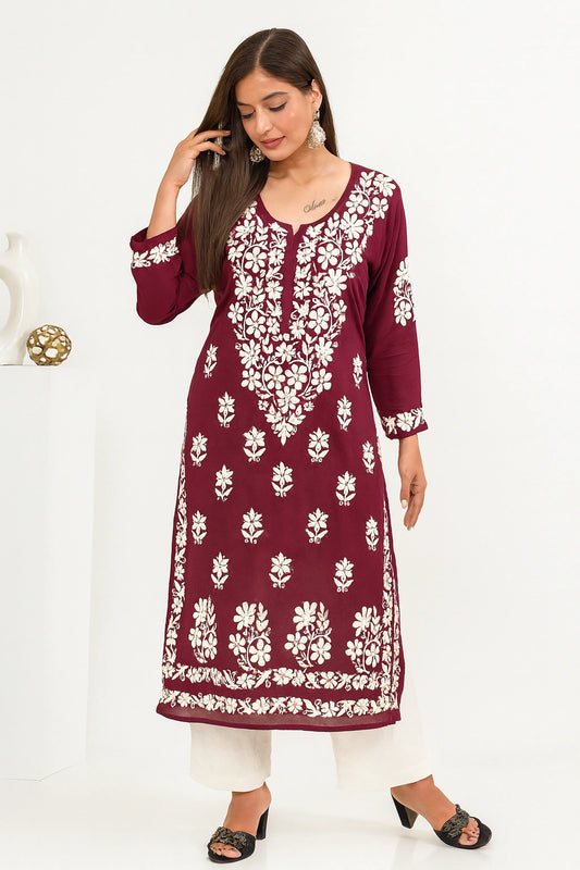 Lucknow Fashion Diary Hand Embroidered Lucknowi Chikankari Women's Wine Modal Kurti