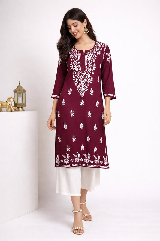 Lucknow Fashion Diary Hand Embroidered Lucknowi Chikankari Women's Wine Rayon Kurti