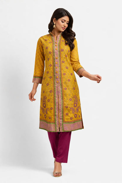 Lucknow Fashion Diary Hand Embroidered Lucknowi Chikankari Women's Yellow Chanderi Kurti