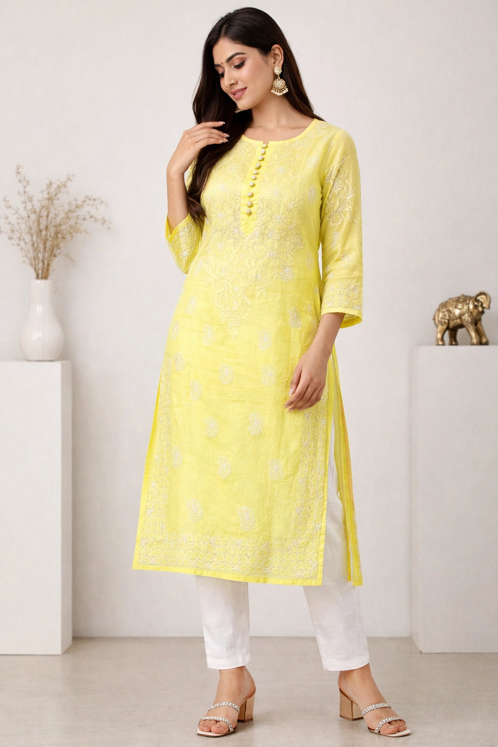 Lucknow Fashion Diary Hand Embroidered Lucknowi Chikankari Women's Yellow Cotton Kurti