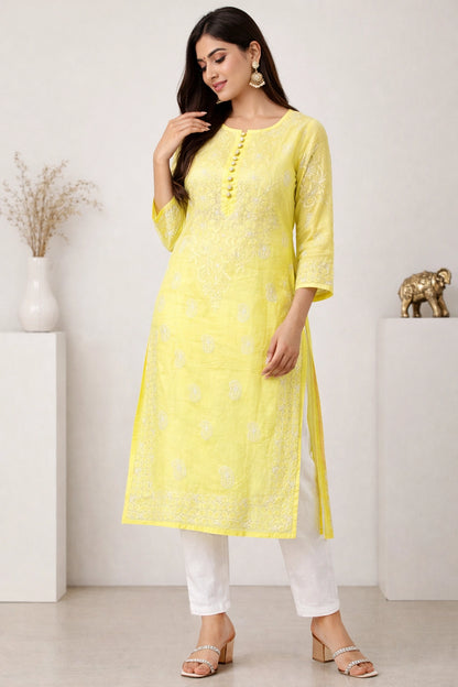 Lucknow Fashion Diary Hand Embroidered Lucknowi Chikankari Women's Yellow Cotton Kurti