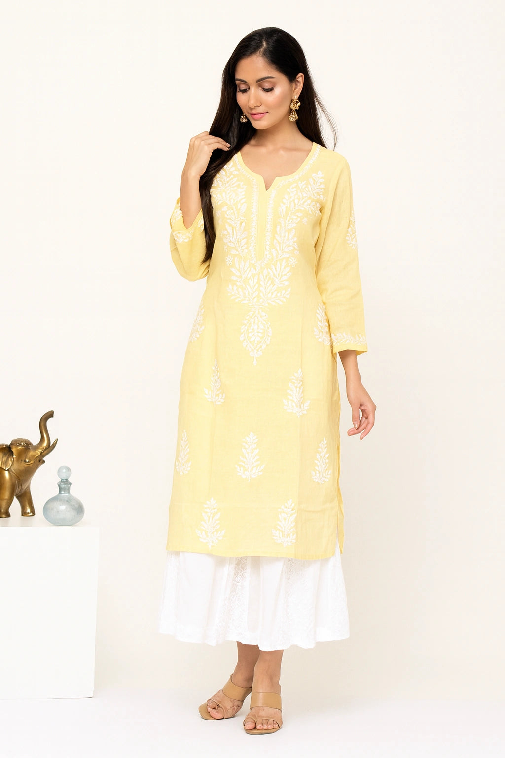 Lucknow Fashion Diary Hand Embroidered Lucknowi Chikankari Women's Yellow Cotton Kurti