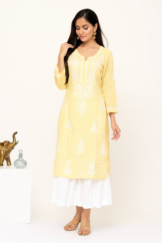 Lucknow Fashion Diary Hand Embroidered Lucknowi Chikankari Women's Yellow Cotton Kurti