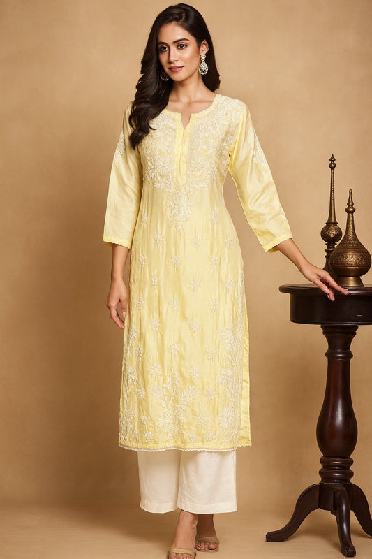 Lucknow Fashion Diary Hand Embroidered Lucknowi Chikankari Women's Yellow crape Kurti