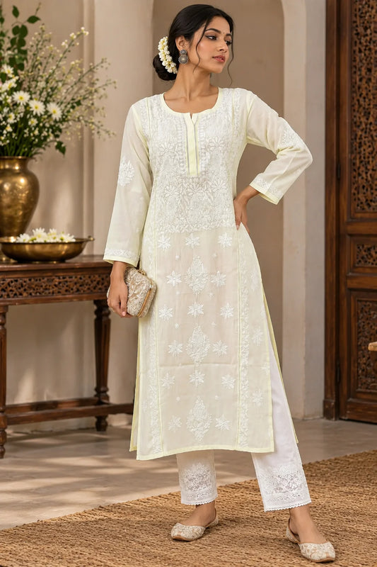 Lucknow Fashion Diary Hand Embroidered Lucknowi Chikankari Women's Yellow crape Kurti 