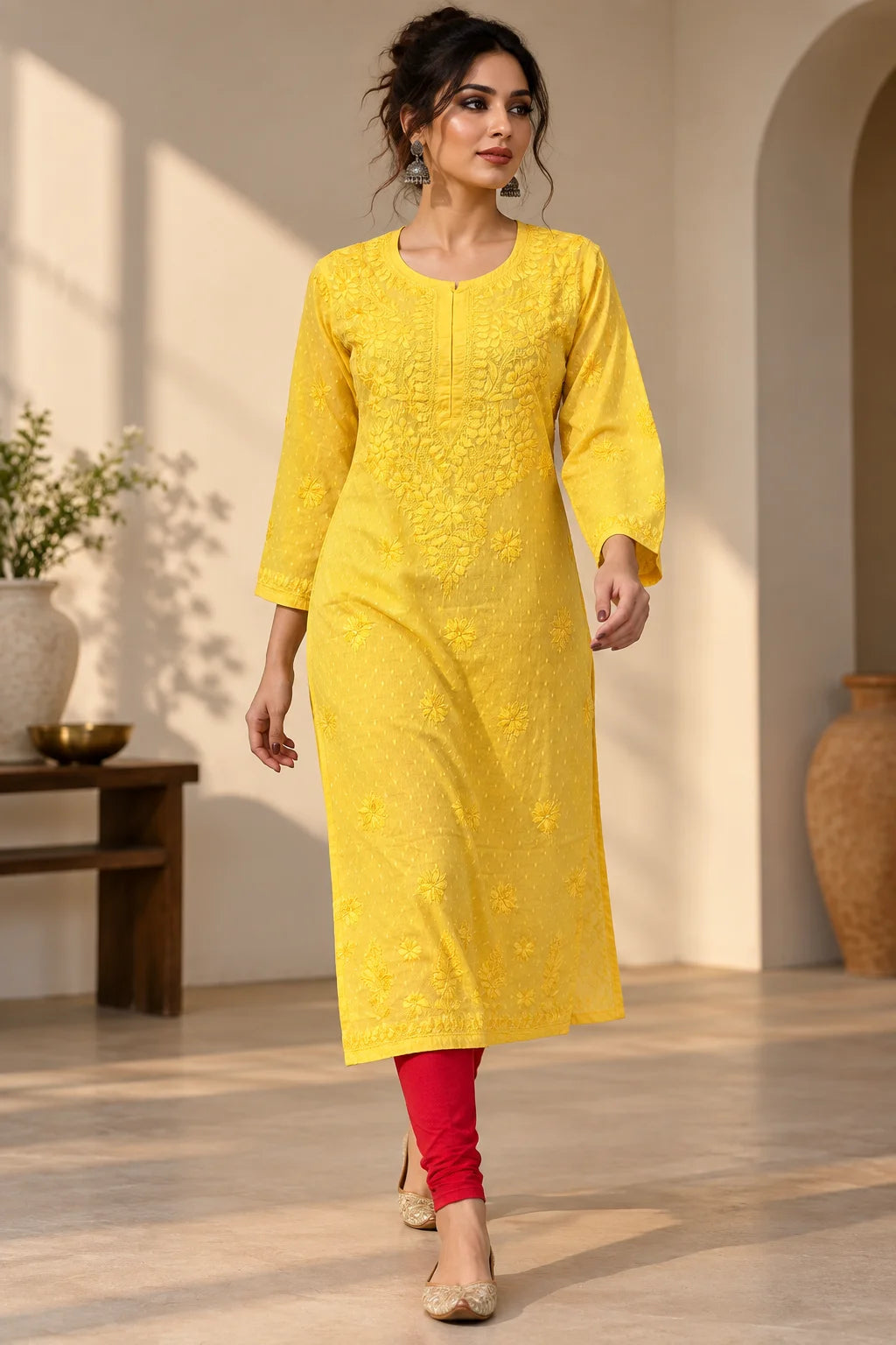 Lucknow Fashion Diary Hand Embroidered Lucknowi Chikankari Women's Yellow Dobby Cotton Kurta