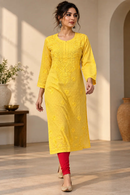 Lucknow Fashion Diary Hand Embroidered Lucknowi Chikankari Women's Yellow Dobby Cotton Kurta