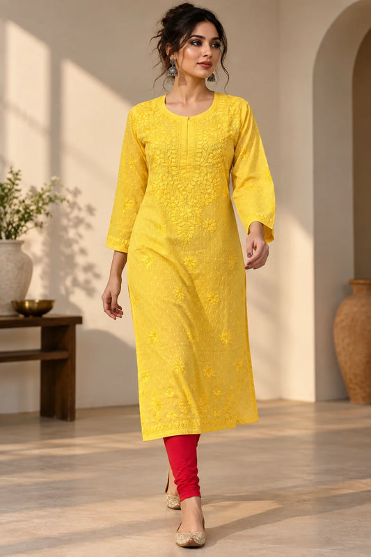Lucknow Fashion Diary Hand Embroidered Lucknowi Chikankari Women's Yellow Dobby Cotton Kurta