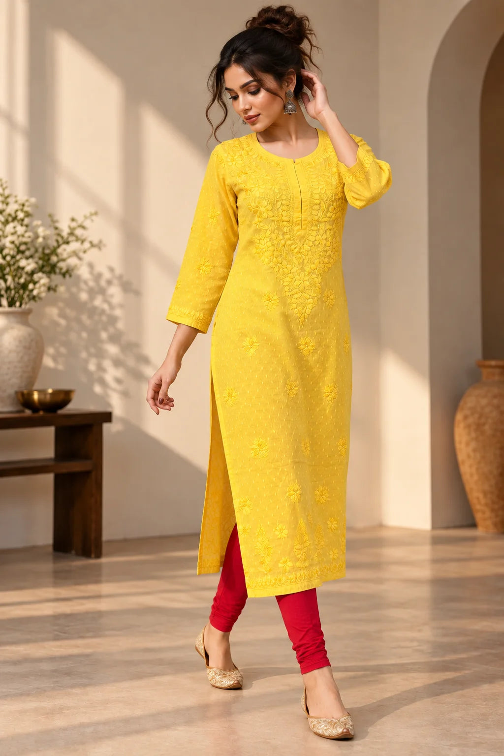 A woman models a bright yellow embroidered kurta with three-quarter sleeves, paired with red leggings and beige pointed-toe heels in a warm, sunlit indoor setting.