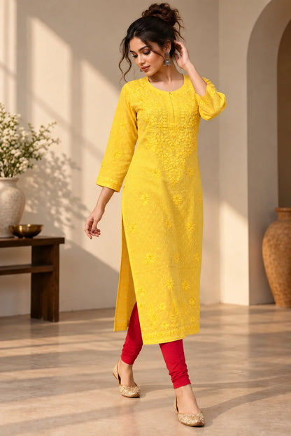 A woman models a bright yellow embroidered kurta with three-quarter sleeves, paired with red leggings and beige pointed-toe heels in a warm, sunlit indoor setting.