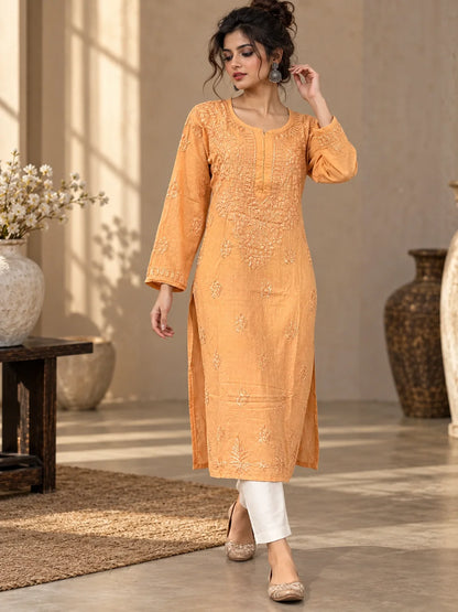 Lucknow Fashion Diary Hand Embroidered Lucknowi Chikankari Women's Orange Dobby Cotton Kurta