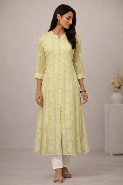 Lucknow Fashion Diary Hand Embroidered Lucknowi Chikankari Yellow Georgette Anarkali