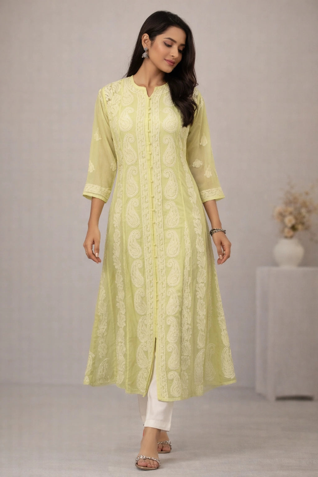 Woman wearing a light green kurta with white pants against a plain background
