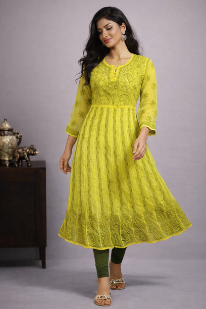 Lucknow Fashion Diary Hand Embroidered Lucknowi Chikankari Yellow Georgette Anarkali
