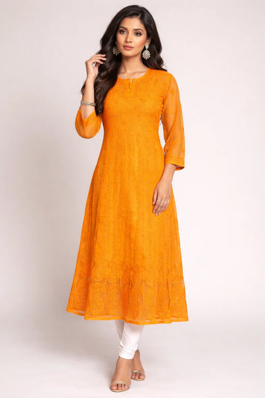 Lucknow Fashion Diary Hand Embroidered Lucknowi Chikankari Yellow Georgette Anarkali