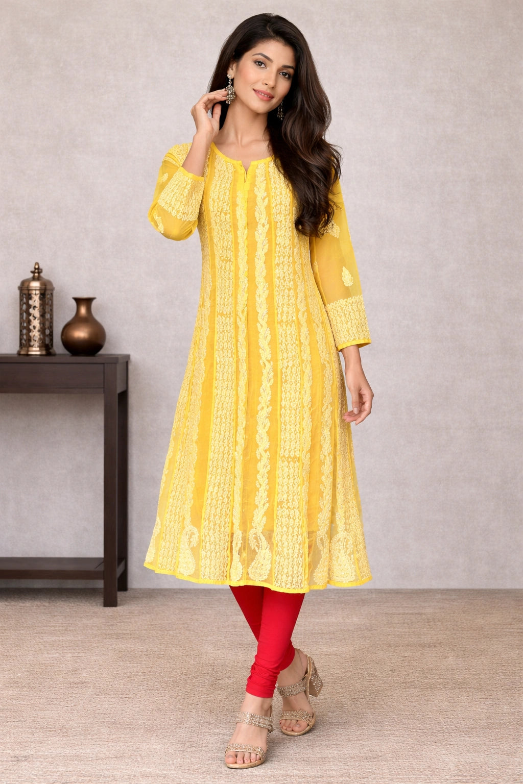 Lucknow Fashion Diary Hand Embroidered Lucknowi Chikankari Women's Yellow Georgette Anarkali 