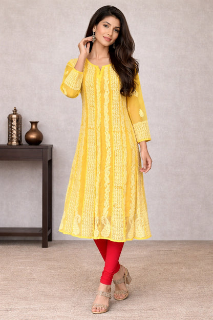 Lucknow Fashion Diary Hand Embroidered Lucknowi Chikankari Women's Yellow Georgette Anarkali 