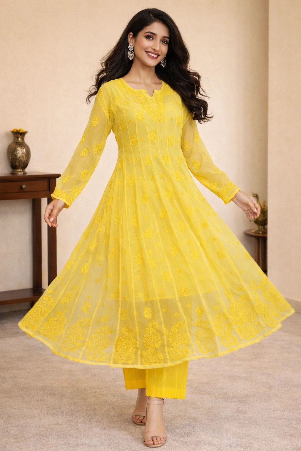 Lucknow Fashion Diary Hand Embroidered Lucknowi Chikankari Women's Yellow Georgette Anarkali 