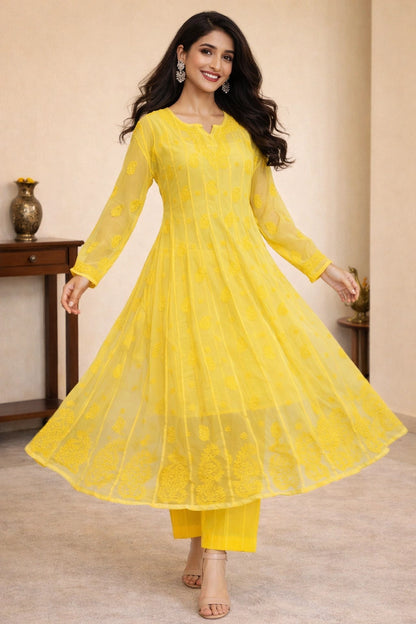 Lucknow Fashion Diary Hand Embroidered Lucknowi Chikankari Women's Yellow Georgette Anarkali 