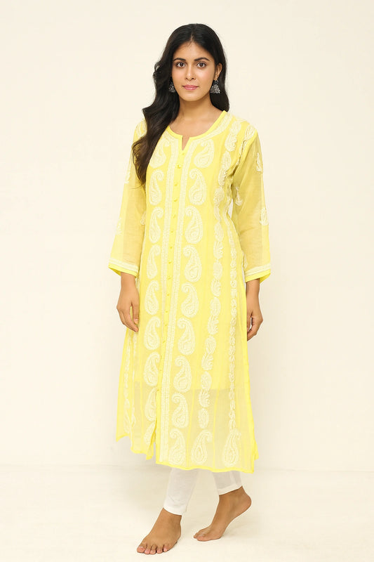 Lucknow Fashion Diary Hand Embroidered Lucknowi Chikankari Women's Yellow Georgette Anarkali