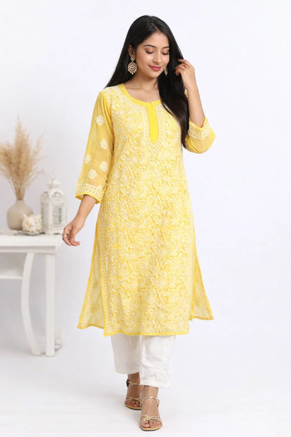 Lucknow Fashion Diary Hand Embroidered Lucknowi Chikankari Women's Yellow Georgette Kurti
