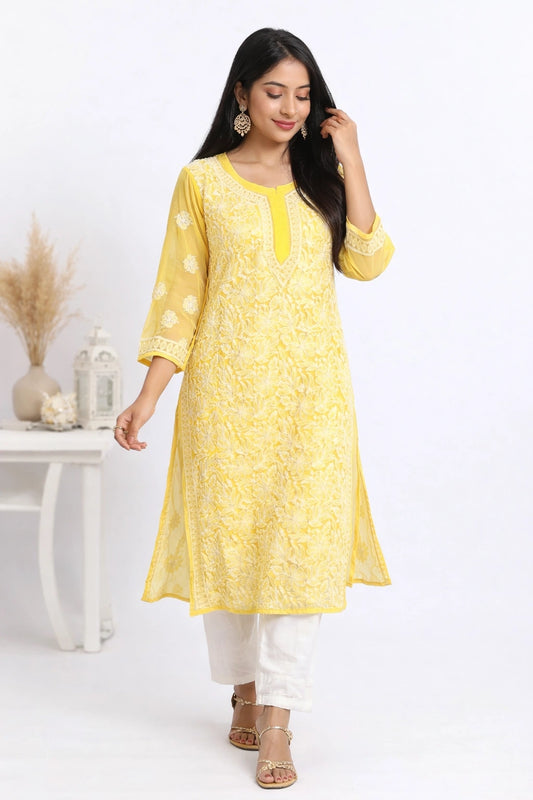 Lucknow Fashion Diary Hand Embroidered Lucknowi Chikankari Women's Yellow Georgette Kurti