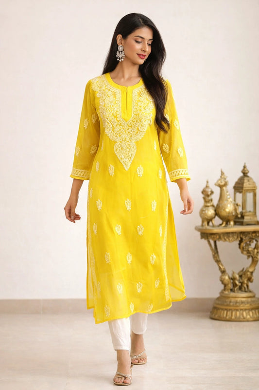 Lucknow Fashion Diary Hand Embroidered Lucknowi Chikankari Women's Yellow Georgette Kurti