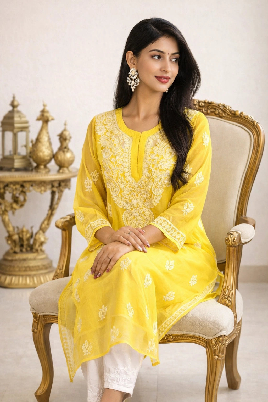 A woman wearing a bright yellow embroidered kurta with white pants sits on an ornate cream and gold armchair in a decorated room.