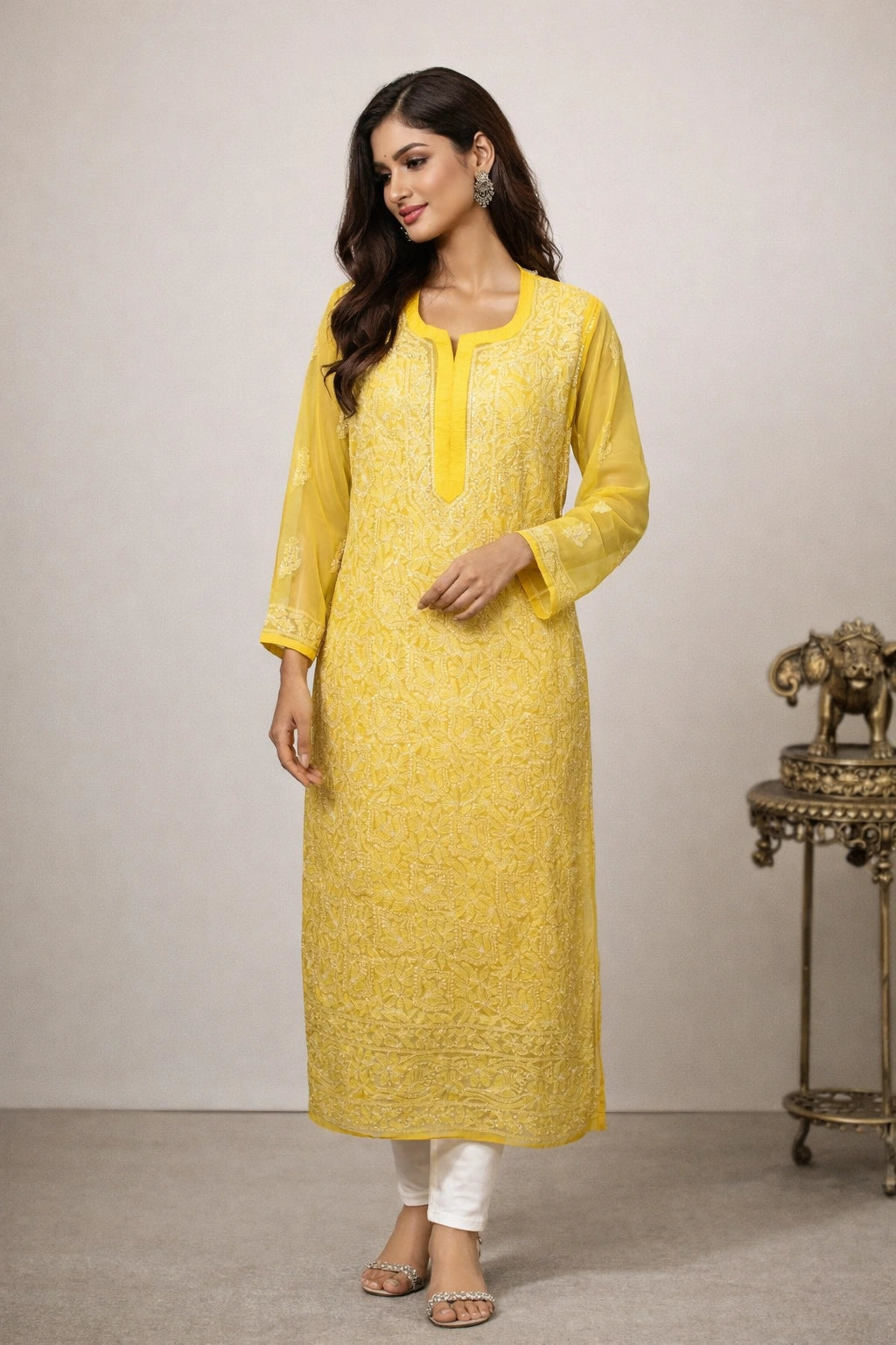 Lucknow Fashion Diary Hand Embroidered Lucknowi Chikankari Women's Yellow Georgette Kurti