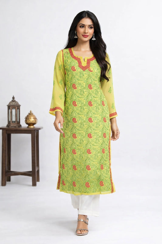 Lucknow Fashion Diary Hand Embroidered Lucknowi Chikankari Women's Yellow Georgette Kurti
