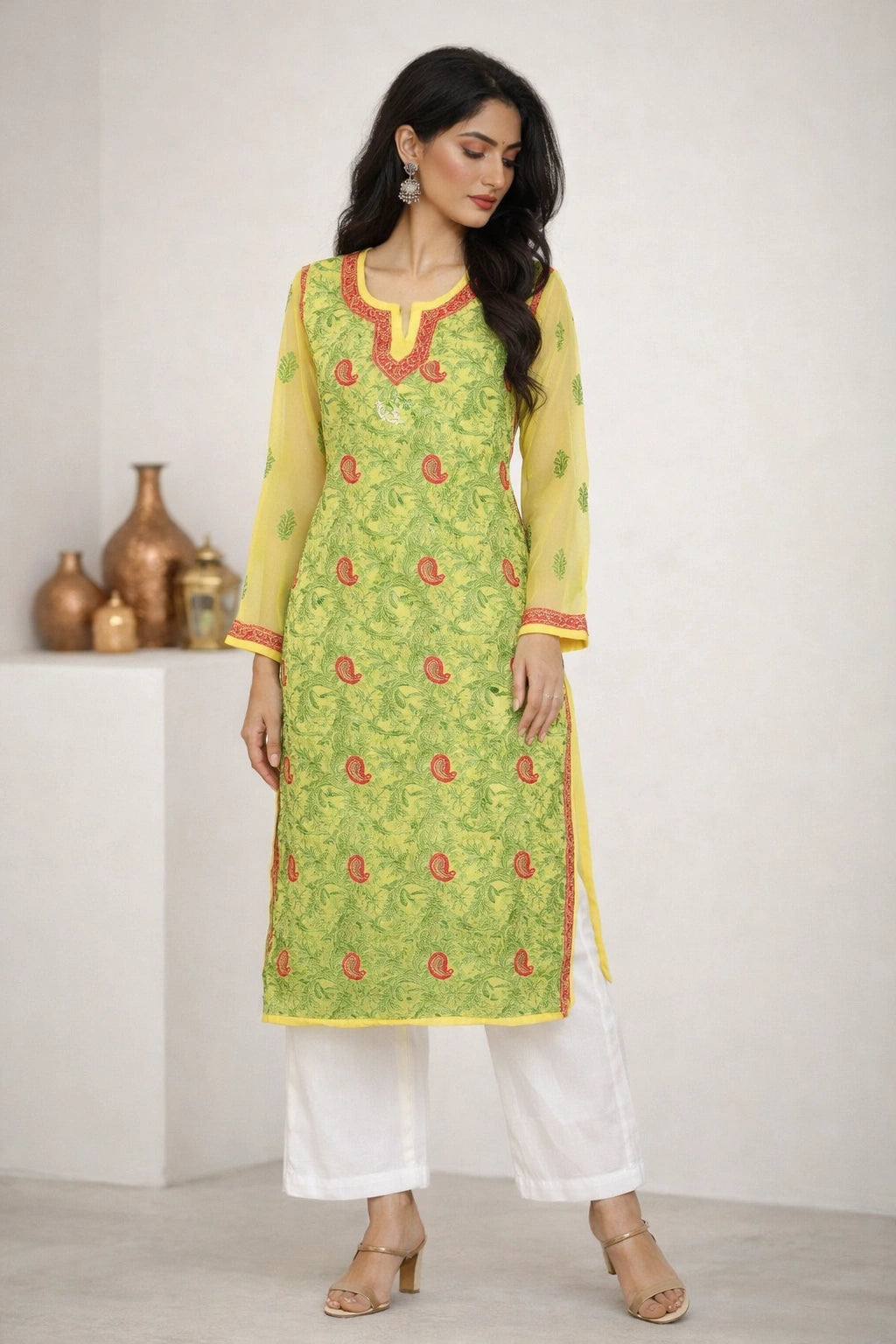 Woman wearing a lucknowi chikan green and yellow traditional outfit with white pants against a white background