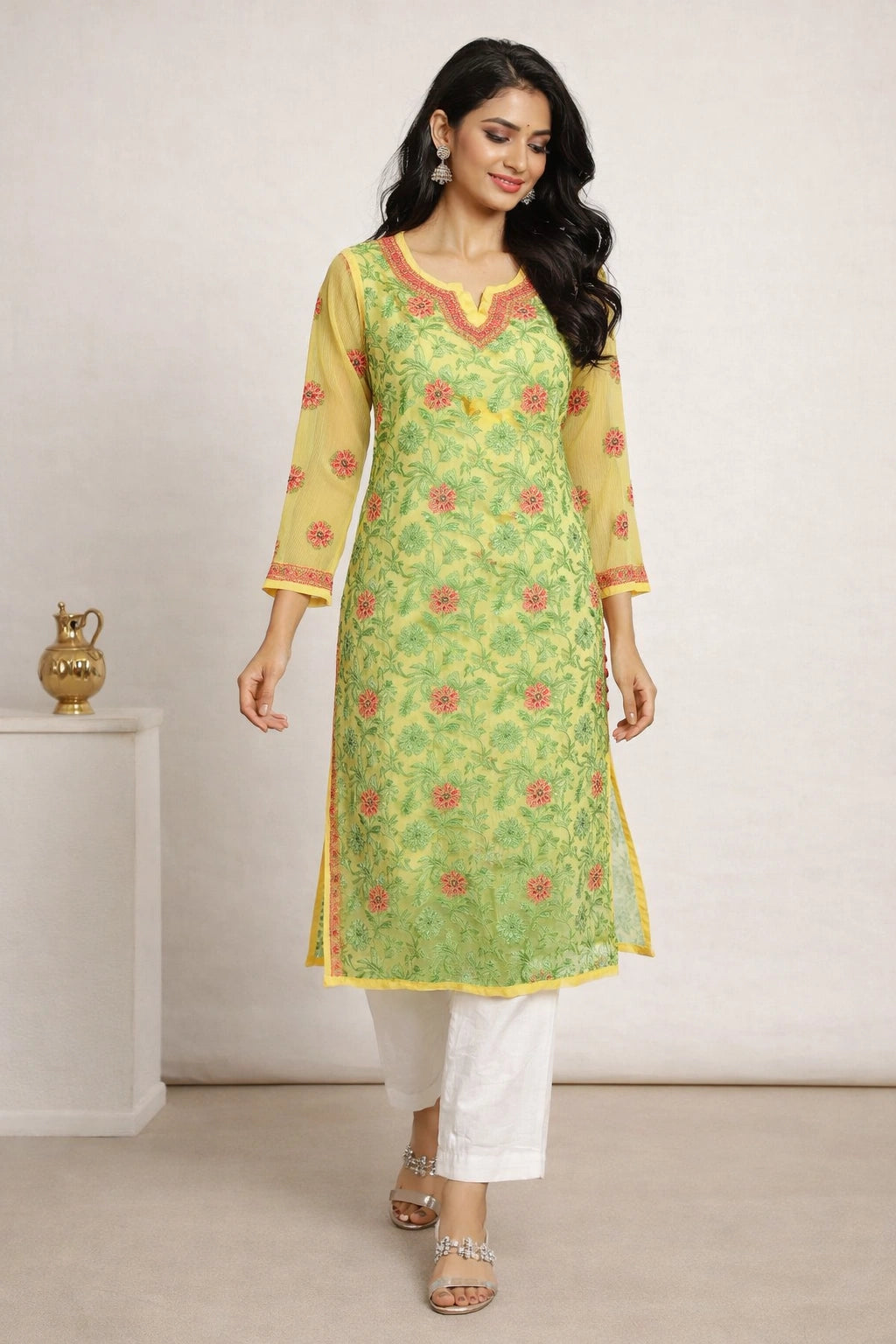Lucknow Fashion Diary Hand Embroidered Lucknowi Chikankari Women's Yellow Georgette Kurti