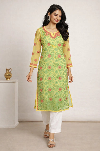 Lucknow Fashion Diary Hand Embroidered Lucknowi Chikankari Women's Yellow Georgette Kurti