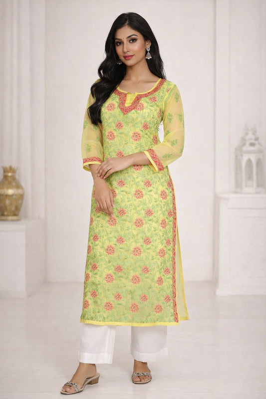 Lucknow Fashion Diary Hand Embroidered Lucknowi Chikankari Women's Yellow Georgette Kurti