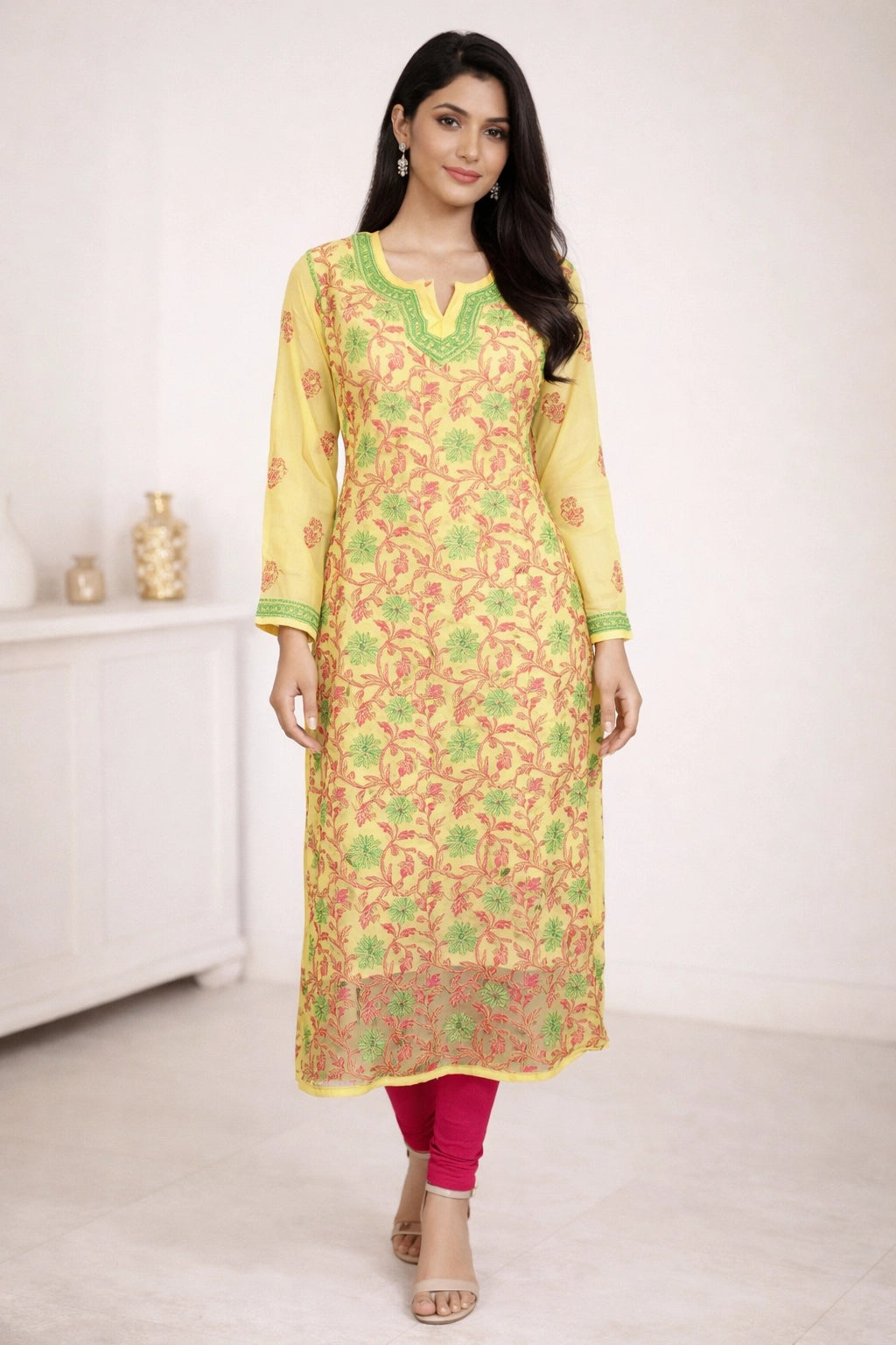 Lucknow Fashion Diary Hand Embroidered Lucknowi Chikankari Women's Yellow Georgette Kurti